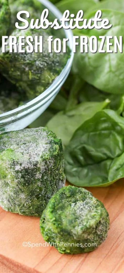 Here's how to substitute fresh spinach for frozen. Fresh spinach can be substituted for frozen once you understand how to calculate the substitution! #spendwithpennies #spinach #freshspinach #frozenspinach #spinachrecipes Freezing Fresh Spinach, How To Freeze Spinach Leaves, Can You Freeze Spinach, Frozen Spinach Recipes Sides Simple, How To Cook Frozen Spinach, Cook Fresh Spinach, Spaghetti With Spinach, Cooking Substitutions, Cooking Advice