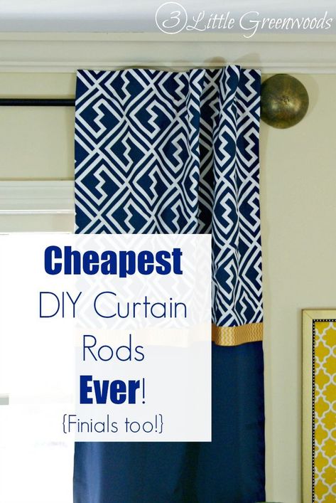 MUST PIN tutorial for the Cheapest DIY Curtain Rods Ever {Finials too} by 3 Little Greenwoods Tutorial for making your own DIY Curtain Rods from simple supplies! #DIYCurtainRod #DIYFinials Homemade Curtain Rods, Cheap Curtain Rods, Pin Tutorial, Curtain Finials, Bay Window Curtain Rod, Diy Curtain Rods, Diy Curtain, Homemade Curtains, Finials For Curtain Rods