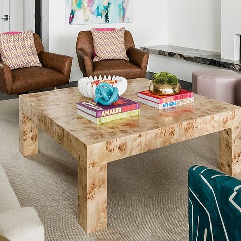 Oyster Creek Collection on Instagram: “The Denise Coffee Table lookin so chic in Denise’s living room we installed in 2020! finish shown in mappa - natural 👌🏻#OCSatHome…” Oyster Creek Studios, Wood Grain Pattern, Cart Furniture, Maple Burl, Ottoman Stool, Burl Wood, Living Table, Sofa Shop, Burled Wood