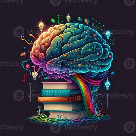 This whimsical image shows a brain with a library inside, its neurons and synapses lit up in a rainbow of joyful colors. A stack of books on a shelf indicates knowledge and learning, Generative AI Cool Brain Art, Brain Artwork, Books On A Shelf, Neuroscience Art, Journal Banner, Map Key, Brain Neurons, Joyful Colors, Health Notes