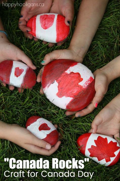 "Canada Rocks" - A Quick and Easy Canada Day Craft for Kids - Happy Hooligans Canada For Kids, Quick Kids Crafts, Canada Day Crafts, Summer Crafts For Toddlers, Canada Day Party, Snail Craft, Happy Hooligans, Camp Crafts, Rocks Painted