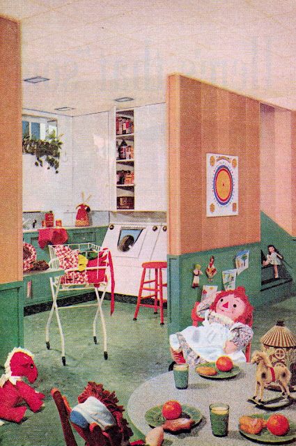 Fantastic retro laundry room featured in Better Homes and Gardens, 1954. A play area is set up near by so mom can watch the little ones while she washes the clothes. http://www.retrorealtygroup.com 1950s Homes, Art Deco Kitchen Design, Retro Laundry Room, Chest Decor, 1950s Home Decor, Retro Rooms, Art Deco Kitchen, Graphic Design Collection, Vintage Architecture