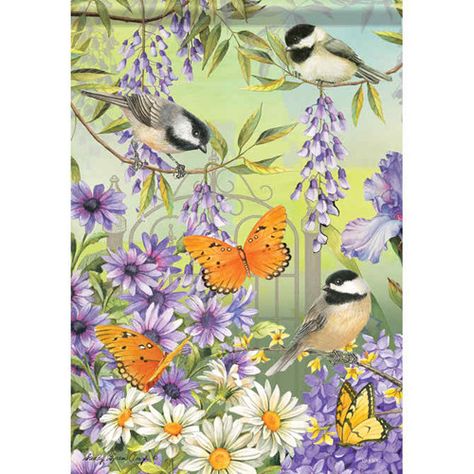 Chickadee Garden House Flag Summer Front Porch Decor, Painted Mailboxes, Summer Garden Flags, Summer Front Porches, Friends House, Fairies Elves, 500 Piece Jigsaw Puzzles, Yard Flags, Fox Design