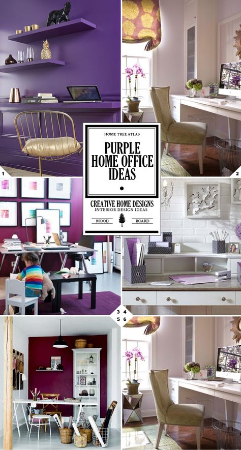 Purple home office decor ideas and design tips Home Office Purple, Purple Home Office Ideas, Purple Home Offices, Purple Office Ideas, Purple Office Decor, Scentsy Office, Purple Home Office, Whimsical Office, Office Purple