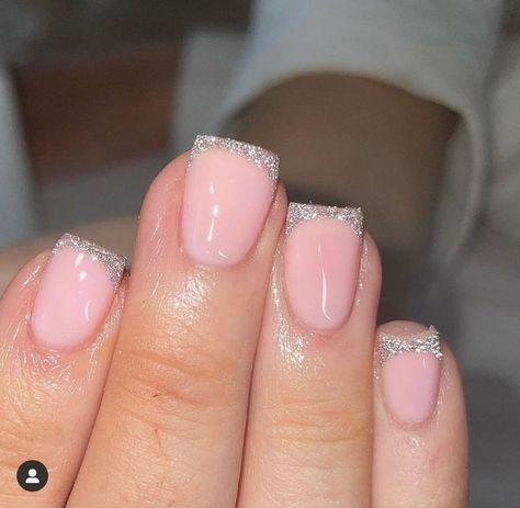 Clear French Tip Nails Sparkle, Short Nails With Silver Tips, Clear Glitter French Tip Nails, Short Nail Designs French Tips Classy, Short Square Glitter French Tip Nails, Short New Mom Nails, Silver Glitter French Tip Nails Square, Sparkly Biab Nails, Sparkle French Tip Nails Short