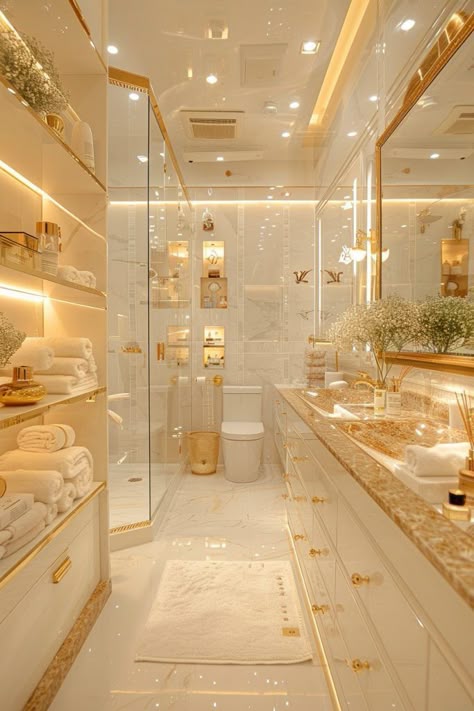 Gold Room Ideas Bedrooms, Luxurious Small Bathrooms, White And Gold House, Large Luxury Bathroom, Bathroom Ideas Gold, Dream Bathroom Luxury, Golden Home Decor, White And Gold Bathroom, Bathroom Luxury Design