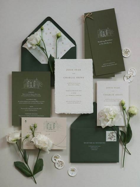 This bespoke wedding invitation suite was inspired by nature and the Cotswold countryside. We used green and neutral tones of paper and paired them with gold, white and a deep green foil. The suite included an invitation card, details card, map card and a selection of embellishments to make them even more special. The wax seals included a real pressed flower, picked from the flowers printed within the envelope liner. It celebrates the English countryside and was perfect for an garden wedding! White Wax Seal, Countryside Garden, Garden Wedding Invitation, Floral Wedding Stationery, Green Invitations, Bespoke Invitations, Bespoke Wedding Stationery, Garden Wedding Invitations, Wedding Stationery Suite