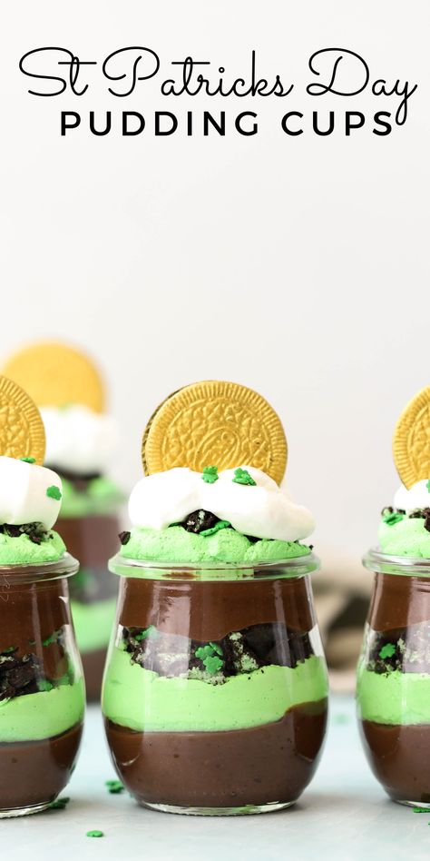 St Patrick's Day Pudding Cups, st patricks day dessert, kid friendly st patricks day recipe idea, green pudding cups, oreo pudding cups, how to make gold edible coins, St Patricks Day Desserts, St Patricks Day Dessert, Saint Patrick's Day Crafts, St Patricks Desserts, Pudding Ideas, St Patricks Food, Chocolate Pudding Cookies, Oreo Pudding, St Patrick Day Treats