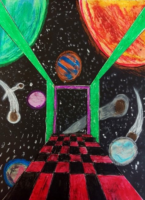 Outer Space Art Projects, Space Element Of Art, Elements Of Art Space, Outer Space Drawing, Savannah Art, Movement Drawing, Space Art Projects, Planet Painting, Outer Space Art