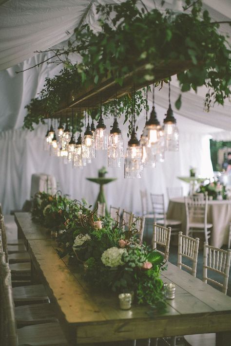 View entire slideshow: Floral Garland Favorites on http://www.stylemepretty.com/collection/1968/ Hanging Centerpiece, Flowers And Greenery, Wedding Tent, Long Table, Deco Floral, Woodland Wedding, Forest Wedding, The Ceiling, Deco Table