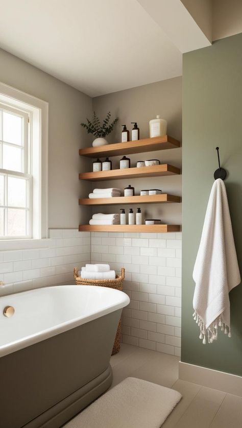 A minimalist yet cozy bathroom with floating wooden shelves styled with white towels, glass jars, and modern bath accessories. A deep soaking tub in soft sage green is paired with earthy accents like a woven basket and a plush white rug for ultimate relaxation. Stylish Bathroom Ideas, Floating Wood Shelves, Bathroom Concepts, Bath Shelf, Deep Soaking Tub, Spa Like Bathroom, Stylish Bathroom, Space Saving Solutions, Soaking Tub