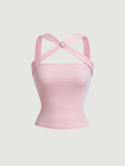 Baby Pink Casual Collar Knitted Fabric Plain Wide Strap Embellished Slight Stretch Women Clothing Pink Wardrobe, 90s Runway Fashion, Black Wool Blazer, Stylish Party, Pink Outfits, Fashion Design Clothes, Pink Top, Girly Outfits, Dream Clothes