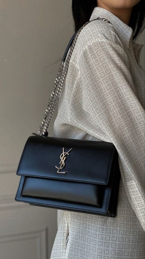 Ysl Sunset Bag Medium, Ysl Sling Bag, Ysl Sunset Bag, Crossbody Bag Outfit, Black And White Aesthetic, White Aesthetic, Medium Bags, Sling Bag, Cloth Bags