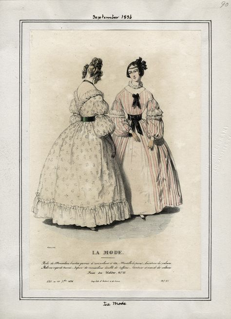 September 1836 La Mode. 1836 Fashion, 1830 Fashion, 1839 Fashion, White Chemise, 1870 Fashion, Green Sash, Fluffy Sleeves, Western Womens Fashion, 1830s Fashion