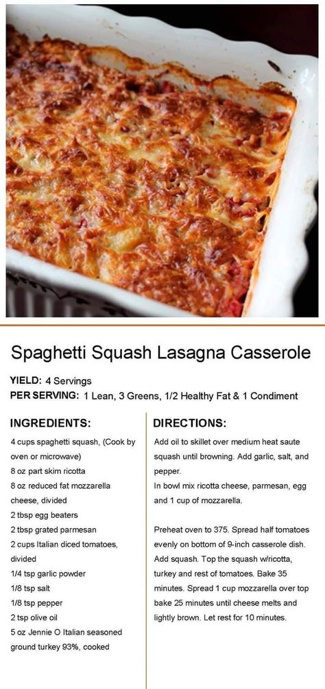 Spaghetti squash lasagna casserole Spaghetti Squash Lasagna Casserole, Medifast Recipes, Spaghetti Squash Lasagna, Squash Lasagna, Lean Protein Meals, Lasagna Casserole, Optavia Recipes, Lean And Green, Green Meals