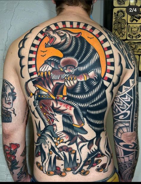 Large Traditional Tattoo Back Pieces, Neotraditional Back Piece, Backtattoos Back For Men, American Traditional Tattoos Backpiece, American Trad Back Tattoo, Traditional Tattoos Backpiece, Traditional Backpiece Tattoo, Trad Chest Tattoo, Neo Traditional Back Piece