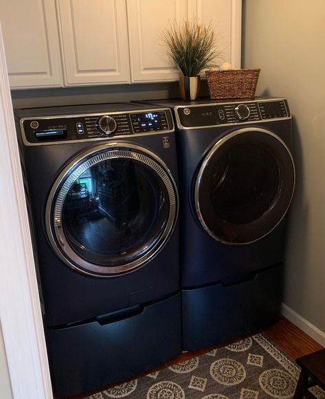 Blue Washer And Dryer, Ge Washer And Dryer, Washer And Dryer Pedestal, Laundry Room Decor Diy, Washer Dryer Set, Laundry Pedestal, Detergent Dispenser, King Size Comforters, Laundry Decor