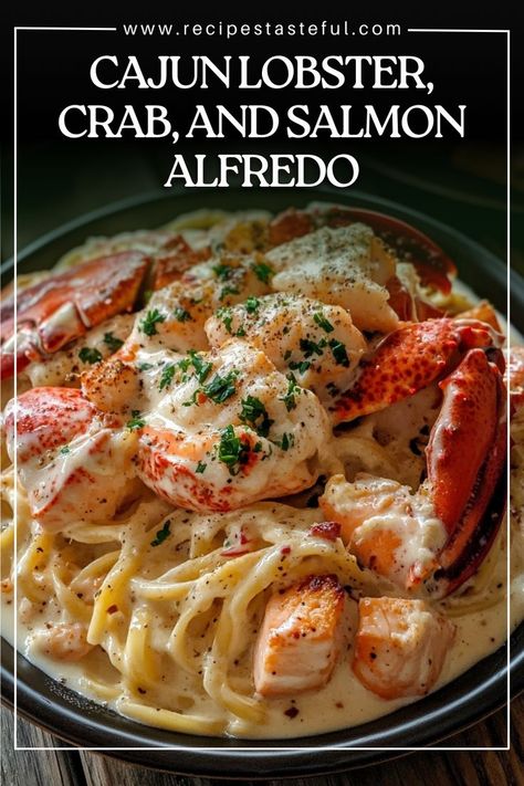 A luxurious seafood pasta dish featuring tender lobster, succulent crab, and flaky salmon, all enveloped in a rich, creamy Cajun Alfredo sauce. Perfect for seafood lovers looking to indulge! Cajun Alfredo Sauce, Cajun Seafood Pasta, Salmon Alfredo, Cajun Alfredo, Creamy Seafood Pasta, Seafood Alfredo, Seafood Pasta Dishes, Lobster Pasta, Seafood Sushi