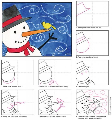 Art 2nd Grade, Trin For Trin Tegning, Draw A Snowman, Winter Kunst, January Art, Classe D'art, Winter Art Lesson, Winter Art Projects, 4th Grade Art