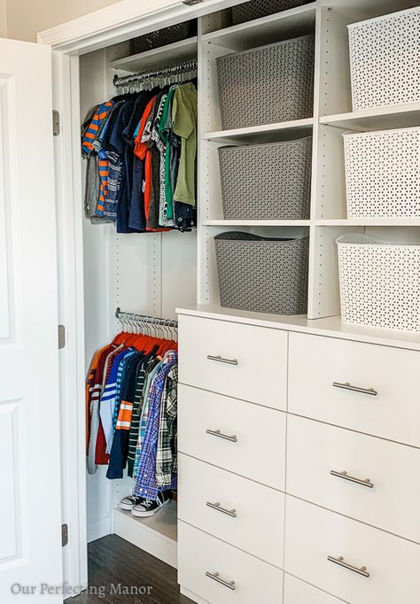 Inexpensive Closet System, Twin Closet Organization, Toddler Boy Closet Organization, Small Shared Closet Organization, Teen Boy Closet Organization, Shared Closet Kids, Toddler Boy Closet, Boy Closet Organization, Boys Closet Organization Ideas