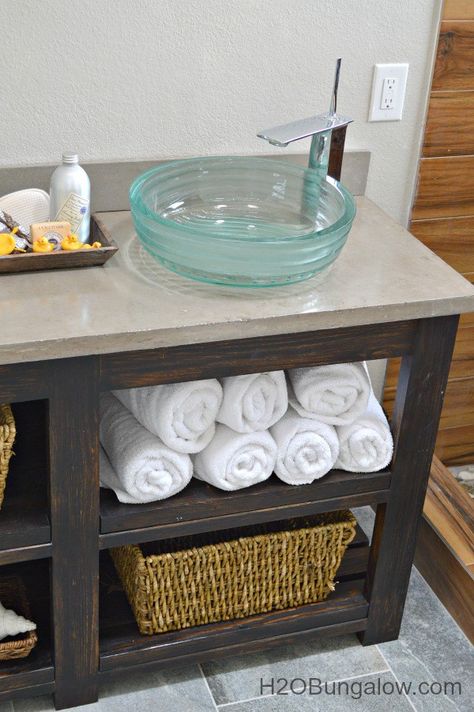 I built my DIY open shelf vanity for my bathroom and saved hundreds of dollars and it looks awesome Free plans along with good tips will help you do it too! Vanity For Vessel Sink, Storage Ideas For Bathroom, Ideas For Bathroom Vanity, Open Shelf Vanity, Bathroom Vanity Remodel, Room Vanity Ideas, Shelf Vanity, Unique Bathroom Vanity, Vanity Makeover