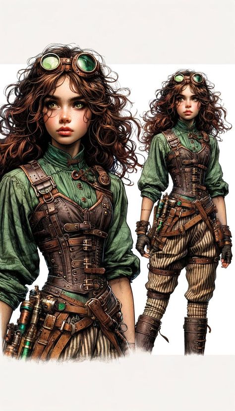 Green Steampunk Outfit, Dnd Hairstyles Female, Steampunk Woman Art, Steam Punk Fashion Women, Steampunk Robot Concept Art, Steampunk Character Design Female, Steampunk Portrait, Steampunk Character Design, Steampunk Outfits Women