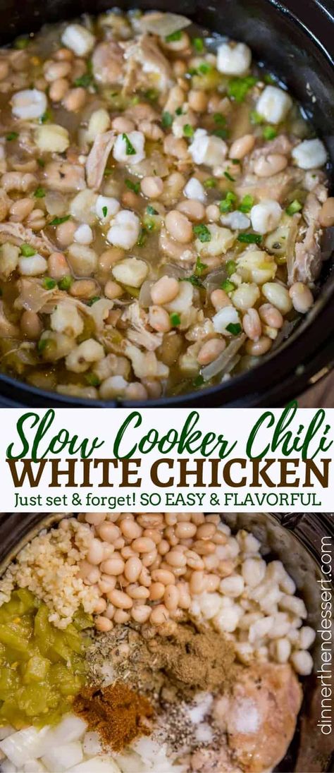 Recipes With Hominy, Hominy Recipes, Easy White Chicken Chili, White Chicken Chili Recipe Crockpot, Slow Cooker White Chicken Chili, Chicken And Peppers, Chili Dinner, White Chicken Chili Slow Cooker, Chicken Chili Crockpot