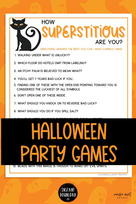 Halloween Superstitious Trivia Party Game Halloween Games For School, Unique Halloween Party Themes, Trivia Party, Halloween Riddles, Halloween Trivia, Adult Birthday Party Games, Fun Halloween Party Games, Halloween Villain, Spooky Games