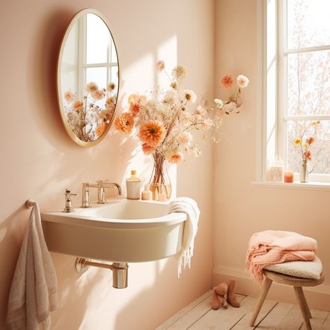 Bathroom Decor Peach, Peach Walls Bathroom, Peach Bathroom Vanity, Light Peach Bathroom, Light Orange Bathroom, Apricot Bathroom, Peach Bathroom Ideas, Peachy Bathroom, Peach Bathroom Decor