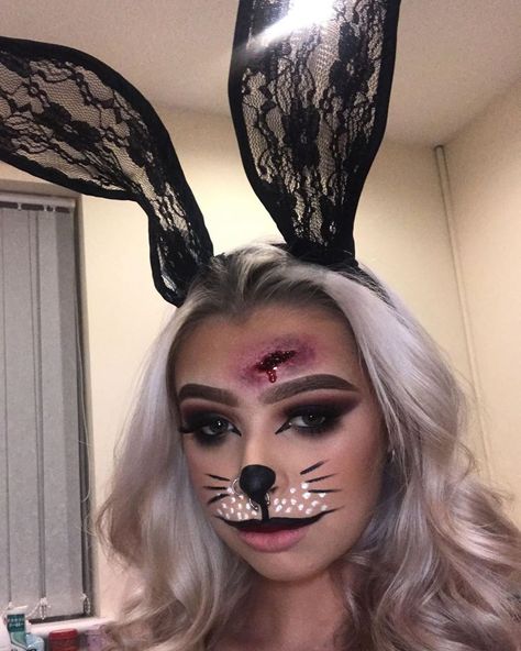 Scary bunny face!!  ... Scary Rabbit Makeup, Cute Scary Halloween Makeup, Bunny Make Up Halloween, Scary Bunny Makeup Halloween, Coelho Halloween, Scary Bunny Costume, Black Eye Makeup Halloween, Scary Bunny Makeup, Rabbit Halloween Makeup