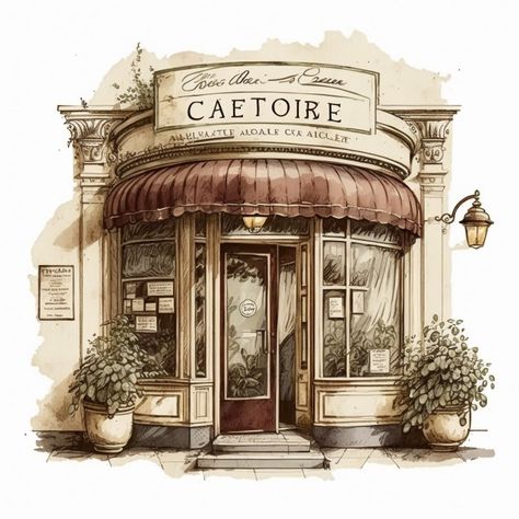 Cute Shop Exterior, Cafe With Apartment Above, Cafe Shop Drawing, Coffee Shop Drawing Sketch, Shopfront Illustration, Storefront Painting, Street Sign Drawing, Cute Store Fronts, Coffee Shop Watercolor