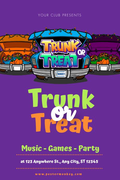 Purple Joyful Trunk Or Treat Poster Trunk Or Treat Advertising, Trunk Or Treat Sign, Trunk Or Treat Poster, Trunk Or Treat Monster, It’s So Sweet To Trust In Jesus Trunk Or Treat, Trunk Or Treat Flyer, Church Halloween, Halloween Party Night, Linkedin Background Image