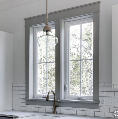 White Windows with grey trim Dark Trim White Windows, White Windows With Dark Trim, Navy Window Trim, Gray Window Trim, Grey Windows Interior, Light Grey Window Frames, Window Trim Color Ideas Interior, Light Grey Windows, Grey Windows Inside