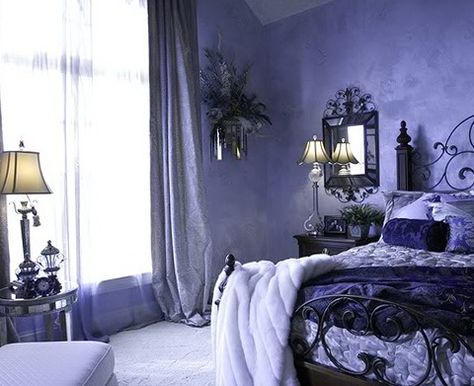 Dark Purple Room Aesthetic Bedroom, Dark Purple Room, Periwinkle Bedroom, Whimsigoth Bedroom, Interior Purple, Lavender Bedroom, Modern Bedroom Colors, Goth Room, Purple Room