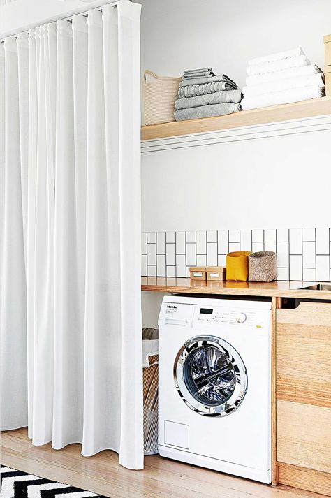 Laundry Room Curtains, Hidden Bath, Laundry Cupboard, Laundry Nook, Laundry Design, Room Makeovers, Laundry Room Remodel, Laundry Closet, Small Laundry Room