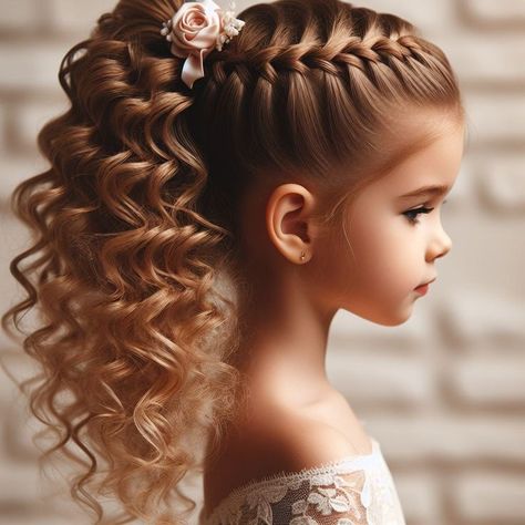 Beauty Pageant Hairstyles For Kids, Wedding Hair For Girls Kids, Pageant Updos For Kids, Formal Hairstyles For Girls Kids, Flower Girl Curly Hairstyles, Curly Hair Dance Hairstyles, High Ponytails With Braids, Flower Girl Makeup Kids, Flower Girl Hairstyles Curly Hair