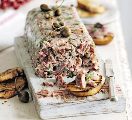 Ham hock & mustard terrine. Cured slow-cooked pork is a great foundation for a coarse pâté style starter and can be made in advance. Ham Hock Terrine, Terrine Recipe, Slow Cooked Pork, Ham Hock, Loaf Recipes, Braised Pork, Bbc Good Food Recipes, Chinese Cooking, Honey Mustard