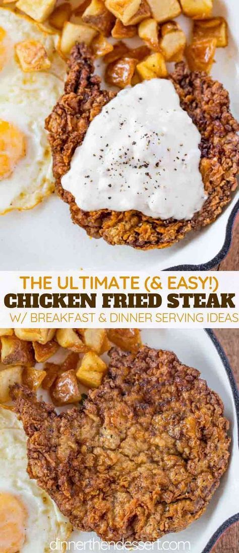 Chicken Fried Steak Chicken Fried Steak Easy, Fried Cube Steaks, Chicken Fried Steak Recipe, Fried Meat, Milk Gravy, Steak Breakfast, Fried Steak Recipes, Dinner Steak, Country Fried Steak