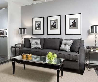 Masculine Interior with grey.  Adding a vibrant color for pop.  I like lime green. Dark Grey Couches, Dark Gray Sofa, Grey Walls Living Room, Grey Couch, Grey Couch Living Room, Light Grey Walls, Living Room Color Schemes, Bedroom Walls, Room Color Schemes