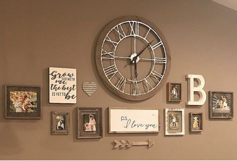 Clock And Frames Wall Ideas, Living Room Wall Decor Ideas With Clock, Wall Placement Ideas, Living Room Gallery Wall Decor Ideas, Gallery Wall Ideas With Large Clock, Picture Wall With Clock In Middle, Clock And Picture Wall Layout, Picture Collage Wall Living Room, Long Living Room Wall Decor Ideas