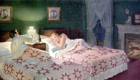 Married Couple Bedroom, 1940s Bedroom, Separate Beds, Jessie Willcox Smith, Unmade Bed, Mom So Hard, Bedroom Scene, Couple Sleeping, Bed Back