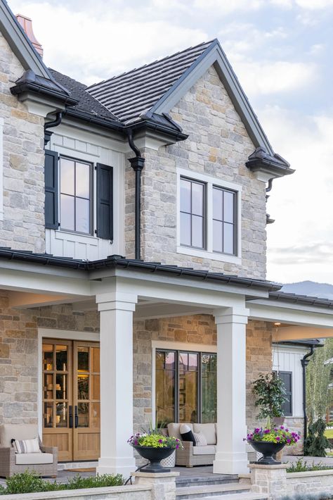 Grey Home Exterior With Stone, Stone Colonial House Exterior, Grey Stone House Exterior, Transitional Farmhouse Exterior, Modern Colonial Exterior, Brick Farmhouse Exterior, Hamptons Houses, Grey Photos, Colonial House Exteriors