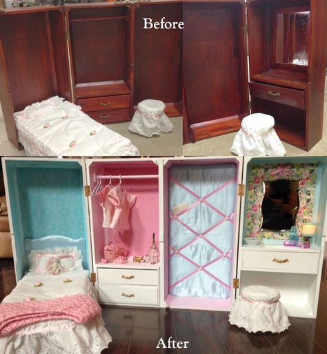 Diy Doll Trunk, Diy Doll Closet, Ag Doll House, Trunk Makeover, Doll Trunk, Doll Storage, American Girl Doll House, American Girl Doll Furniture, Doll Closet