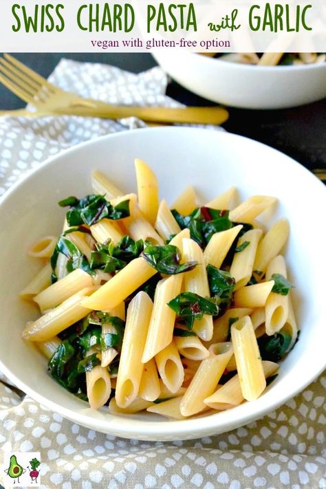 Swiss Chard Pasta with Garlic is a flavorful meal that's easy to make in under 30 minutes. It's naturally vegan and can be made gluten-free. #swisschard #chard #greens #pasta #garlic #vegan #vegetarian #glutenfree #30minutemeal #easy #recipe Swiss Chard Pasta, Chard Pasta, Pasta Garlic, Pasta With Garlic, Vegan Pasta Dish, Swiss Chard Recipes, Vegan Entrees, Chard Recipes, Pasta Noodle Recipe