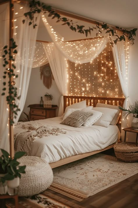 The combination of lights, decorations, and the wooden furniture creates an inviting atmosphere filled with warmth and holiday cheer. Twinkly Lights Bedroom Ideas, Cute Fairy Lights Bedroom Ideas, Fairy Lights Bedroom Ideas Simple, Fairy Lights In Bedroom, Bedroom Ideas With Lights, Boho Bedroom Lighting, Fairy Lights Bedroom Ideas, Aesthetic Fairy Lights, Light Brown Bedrooms