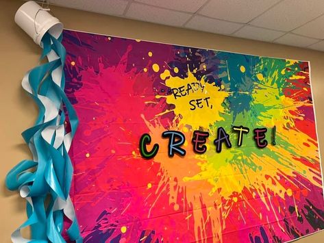 Color Run Bulletin Board, Paint Bulletin Board Ideas, Color Bulletin Board Ideas, What A Mess Vbs Decorations, Art Festival Activities, What A Mess Vbs Decor, What A Mess Vbs, Art Exhibition Ideas School, Christian School Bulletin Boards