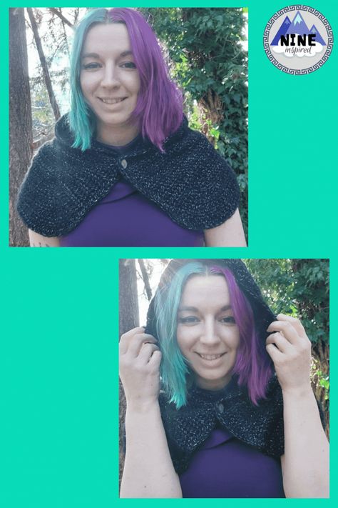 Add a dash of fantasy to your wardrobe with this adorable crochet capelet with hood. The short cape style is quick and easy to make and it pairs well with a number of different outfits. Make a statement any day of the week or use it for a crochet cosplay or costume. It's great for dungeons and dragons, dnd, or LARP role playing too. Crochet Hooded Capelet, Hooded Capelet Pattern, Lotr Elf, Cape Crochet Pattern, Crochet Cosplay, Hooded Capelet, Crochet Capelet Pattern, Cape Crochet, Capelet Pattern