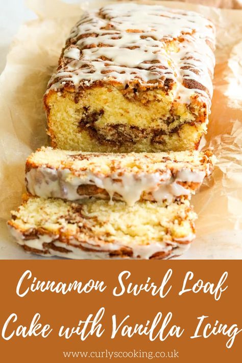 Looking for all of the flavours from a cinnamon roll but without the proving and extra effort; then this Cinnamon Swirl Loaf Cake with Vanilla Icing is for you! This cake is a cinnamon lover's dream that is perfect enjoyed with a hot drink at any time of day. Quick Loaf Cake, Cinnamon Swirl Cake Recipe, Cinnamon Swirl Loaf Cake, Vanilla Cinnamon Cake, Loaf Cake Recipes Christmas, Coffee Cake Loaf Recipes, Cinnamon Roll Loaf Cake, Small Loaf Cakes, Holiday Loaf Cakes