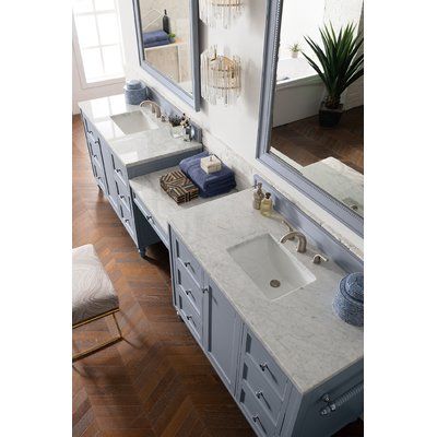 Bathroom Vanity With Makeup Counter, Makeup Counter, James Martin Vanity, Wood Backsplash, Gray Vanity, Double Sink Bathroom, Double Sink Bathroom Vanity, Double Bathroom, James Martin