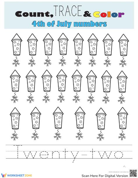 Enhance fine motor skills and enthusiasm for 4th of July by counting and coloring 22 fireworks. Additionally, practice language skills by tracing the word form of 22. Try it out! #independenceday #July4th #holiday #worksheets #printables #math #number #22 #twentytwo #counting #tracing #coloring #pdfs #rockets #stars #kidactivities Counting Worksheet, Numbers Worksheet, Holiday Worksheets, Coloring Worksheet, Counting Worksheets, Number 22, Word Form, Twenty Two, Color Worksheets